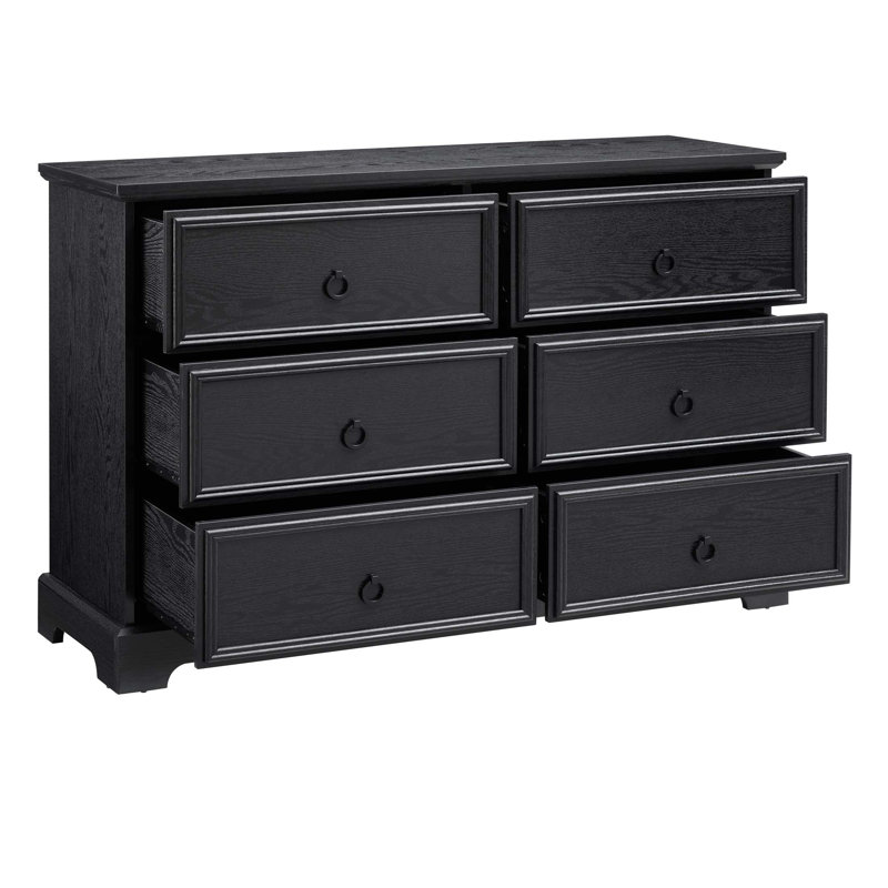 Commode 6 tiroirs, rangement en bois de ferme noir moderne (l 47 po x H 31 po) | Panneau de fibres à densité moyenne | Chambre à coucher