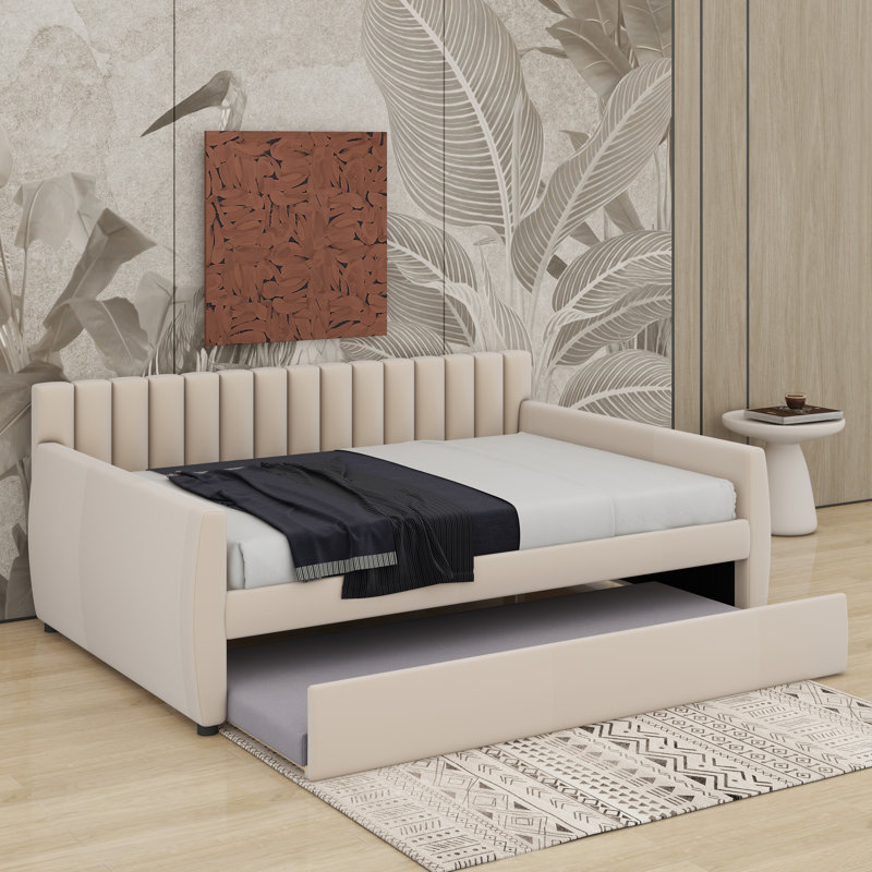 Lit de jour double avec lit gigogne, Beige, Double
