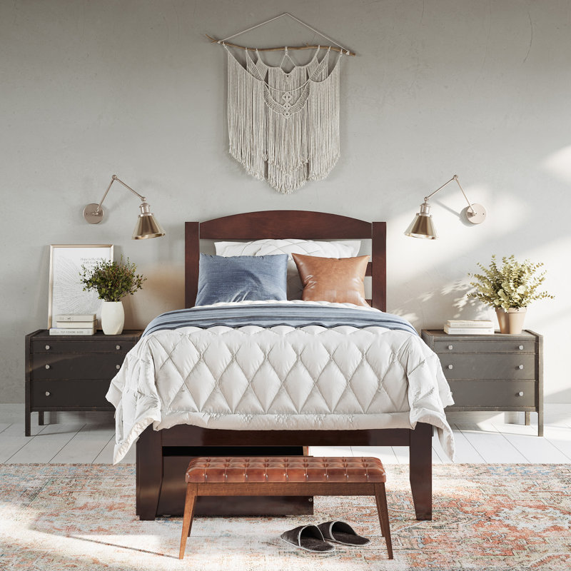 Elliana Solid Wood Platform Bed with Storage Drawers & Built-in Charging Station, Walnut, Extra-Long Twin