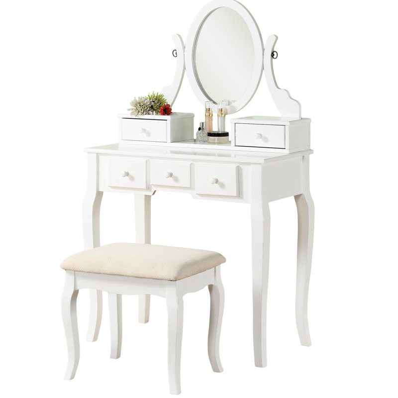 Table de coiffeuse en bois et chaise de maquillage, blanc - 5 tiroirs et miroir ovale réglable pour les articles cosmétiques