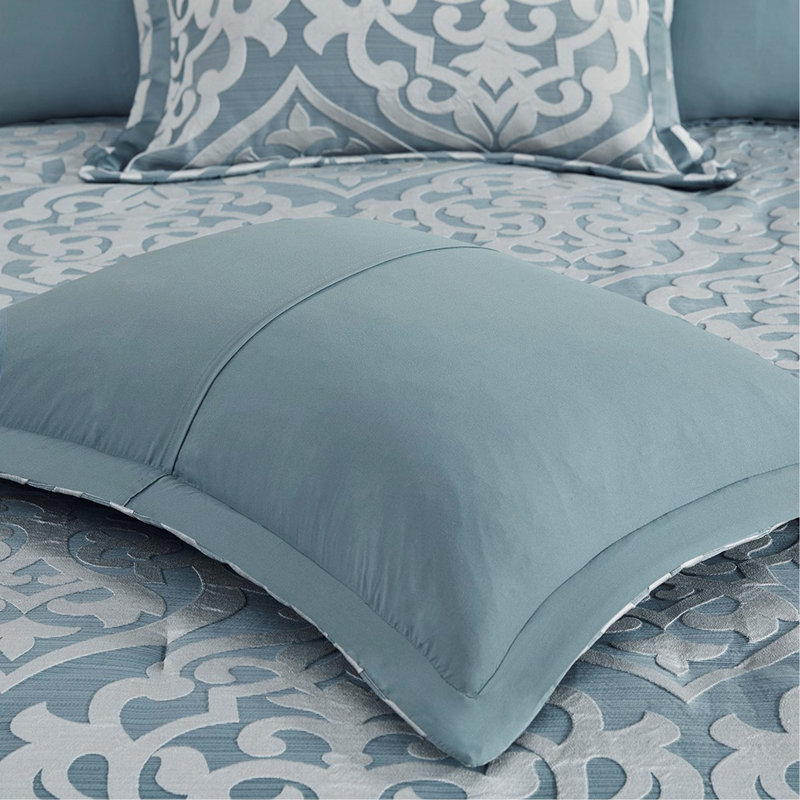 Ensemble d'édredon 8 pièces jacquard turquoise / argenté très grand californien, Aqua / argenté