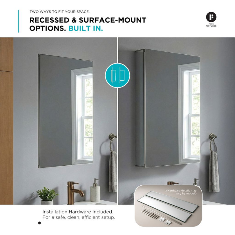 Aluminum Frameless Recessed or Surface Mount Medicine Cabinet with 165° Soft-Close Hinges and Adjustable Glass Shelves