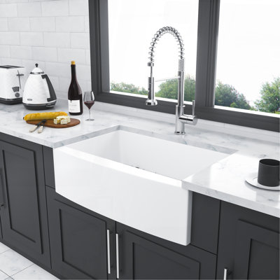 White Farmhouse Sink - 33 Inch White Kitchen Sink Ceramic Arch Edge Apron Front Single Bowl Farm Kitchen Sinks