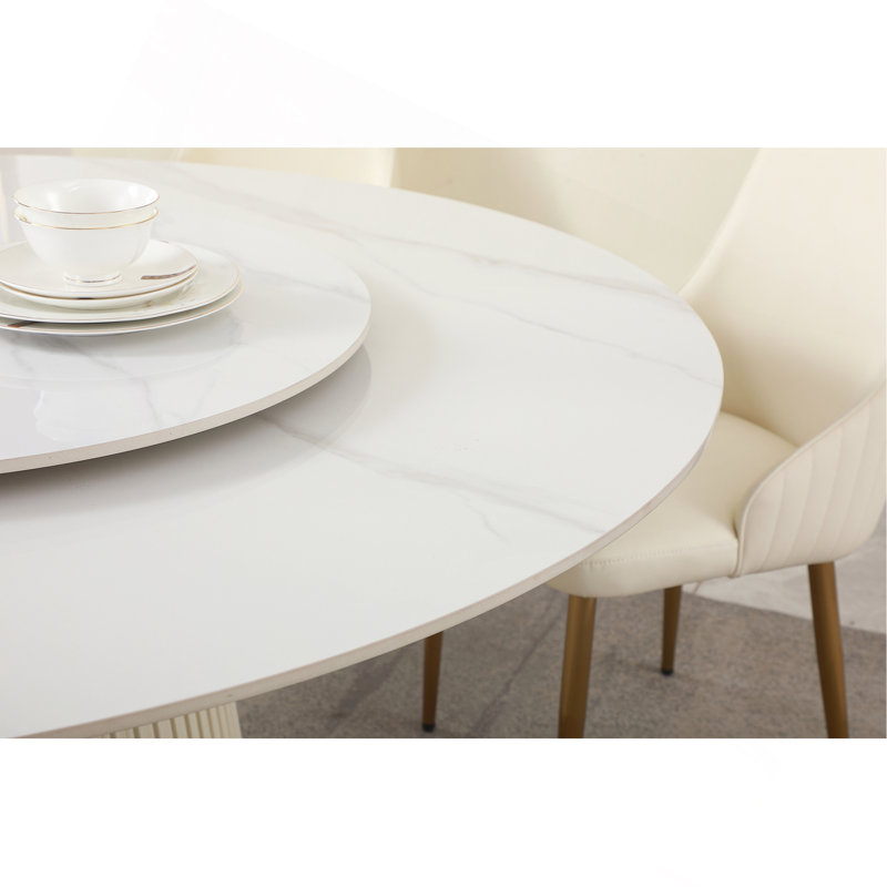 Table de salle à manger moderne en pierre frittée 59 po. Avec table tournante ronde de 31,5 po. Pour 8 personnes avec piédestal en bois et métal