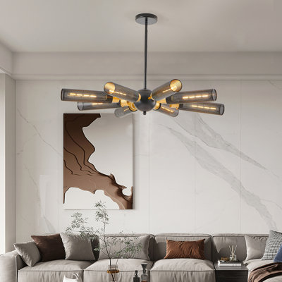 Lustre spoutnik industriel moderne de 34 po, luminaire suspendu en métal doré et noir à 8 lumières avec abat-jour en maille, base E26, hauteur réglable pour la salle à manger, le salon ou l'îlot de cuisine (ampoule non incluse)