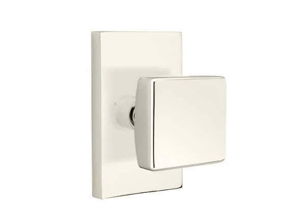 Emtek Privacy Interior Mortise Set w/ Modern Rectangular Rosette & Square Knob (RH), Polished Nickel