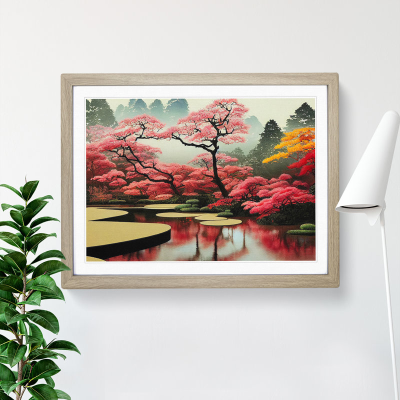 Japanese Garden Pond Vol.3 - Single Picture Frame Painting, 25cm H x 34cm W x 2cm D, Oak