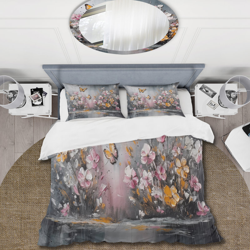Ensemble de housse de couette Flowers and White Butterflies II Bedding, Housse de couette simple + 1 taie décorative stan