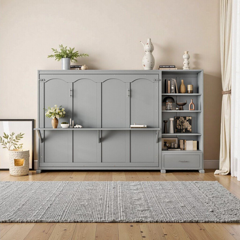 Grand lit escamotable élégant avec rangement réglable - Lit mural peu encombrant pour chambre à coucher et chambre d'amis, gris