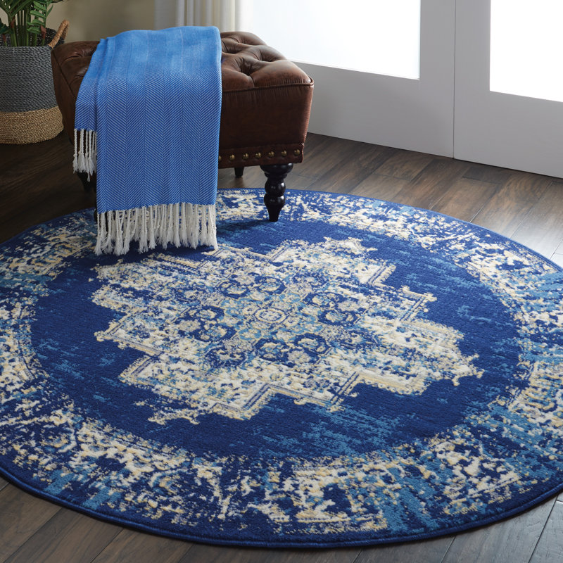 Burnie Oriental Blue/White Area Rug, Round 5'3"