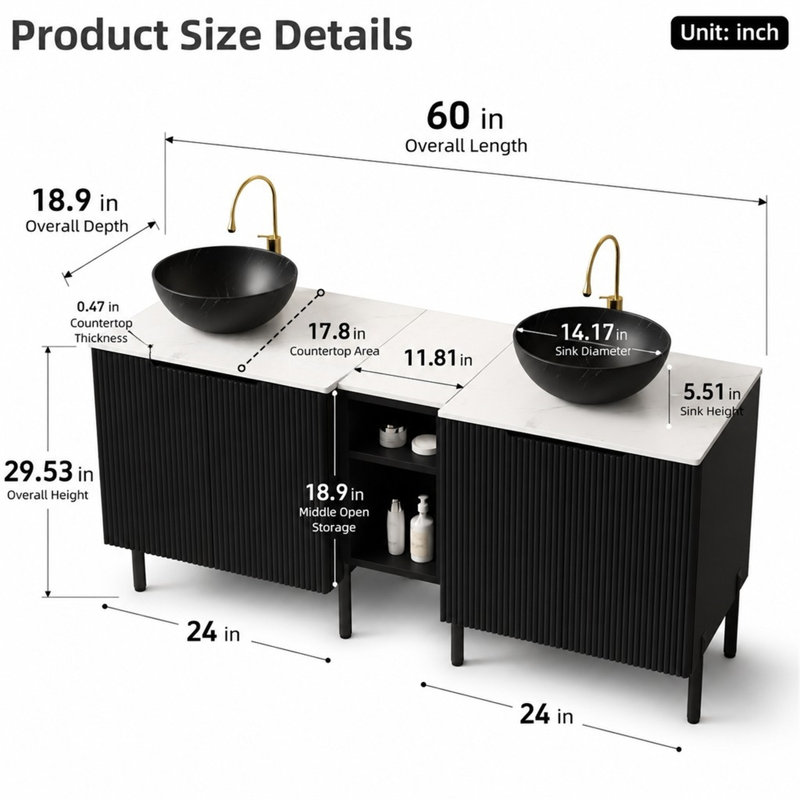 Meuble-lavabo double autoportant de 60 po avec motif de pierre noire, comptoir blanc Carrara, 2 armoires, tablette ouverte, robinet non inclus