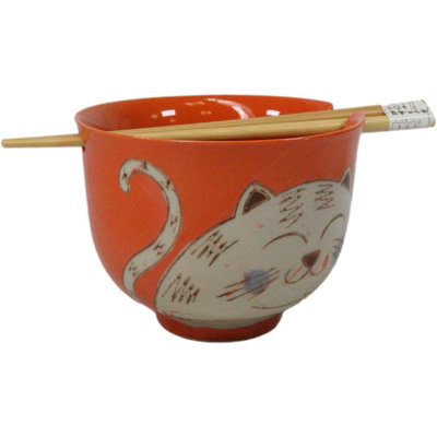 Chubby Kitty Cat Donburi Ramen Soup Bowl With Chopsticks Set