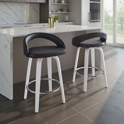 Tabouret de comptoir à hauteur fixe avec pivot en bois et similicuir élégant avec repose-pieds rond en métal - ensemble de 2