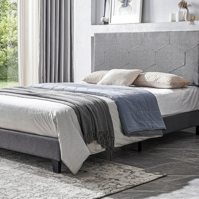 Lit tapissier moderne grand, gris, facile à assembler pour matelas de 8 pouces ou plus épais
