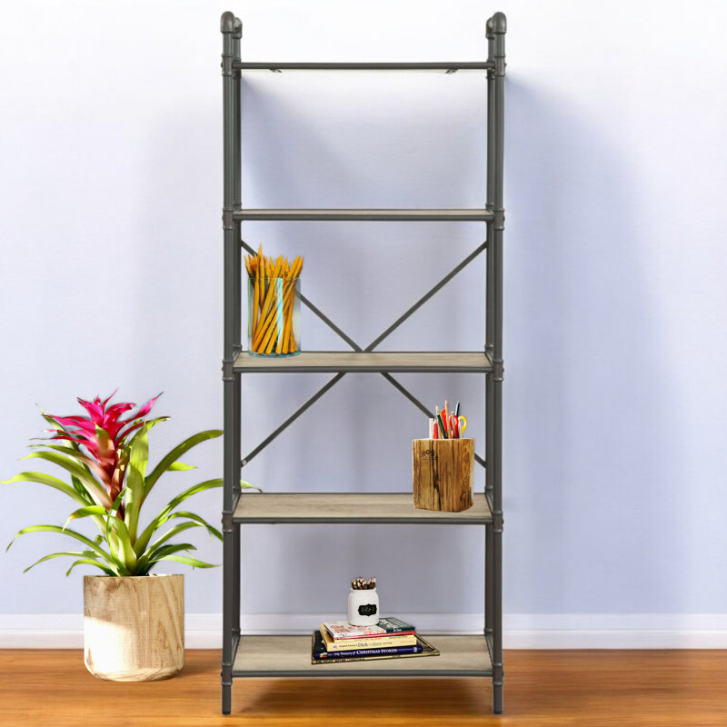 Galien Bookcase in Antique Oak and Sandy Gray, (5 Shelves) 63"H x 26"W x 14"D