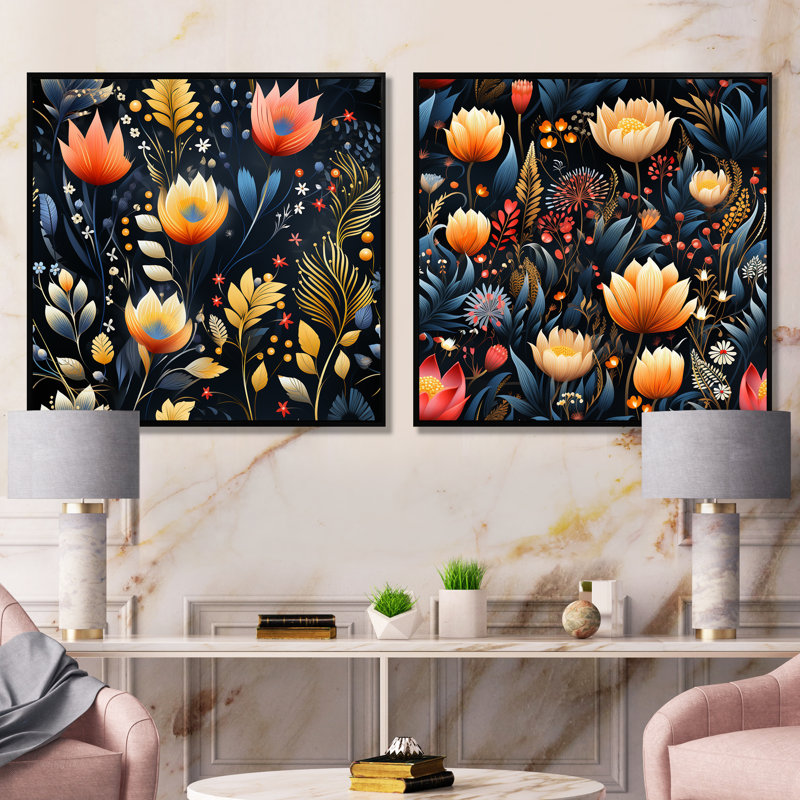 Thibodeau - Ensemble de 2 reproductions d'art sur toile florales, Cadre flottant noir, H 16 po x l 33 po x P 1 po