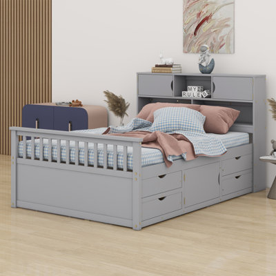 Platform Bed Frame With Storage Bookcases And Shelves,Four Drawers