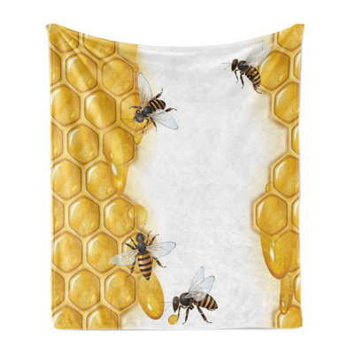 Ambesonne Honeycomb Fleece Throw Blanket Hive Theme Honey Bugs Yellow Black and White