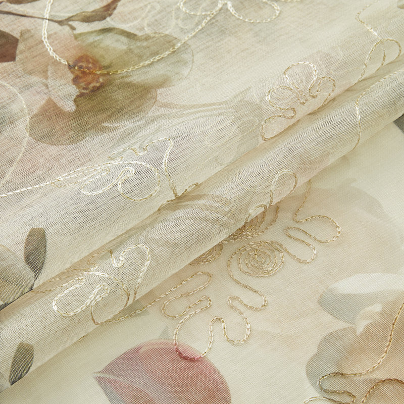 Voile de rideau transparent imprimé floral et brodé avec passe-tringle pour le salon de la chambre à coucher, 52"×63"
