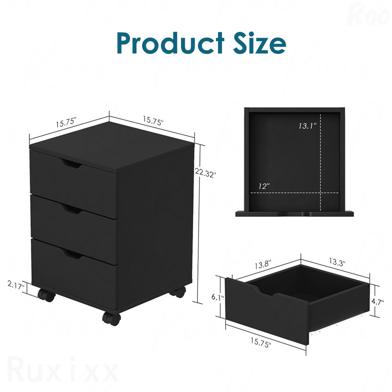 3-Drawer Vertical Filing Cabinet Rolling Wood Mobile File Cabinets Under Desk For Home Office With Casters, Black