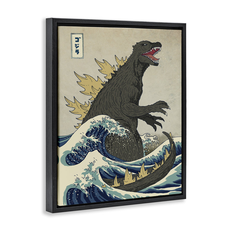 Illustration nautique de style oriental Godzilla, H 25 po x l 31 po, Cadre flottant noir de jais
