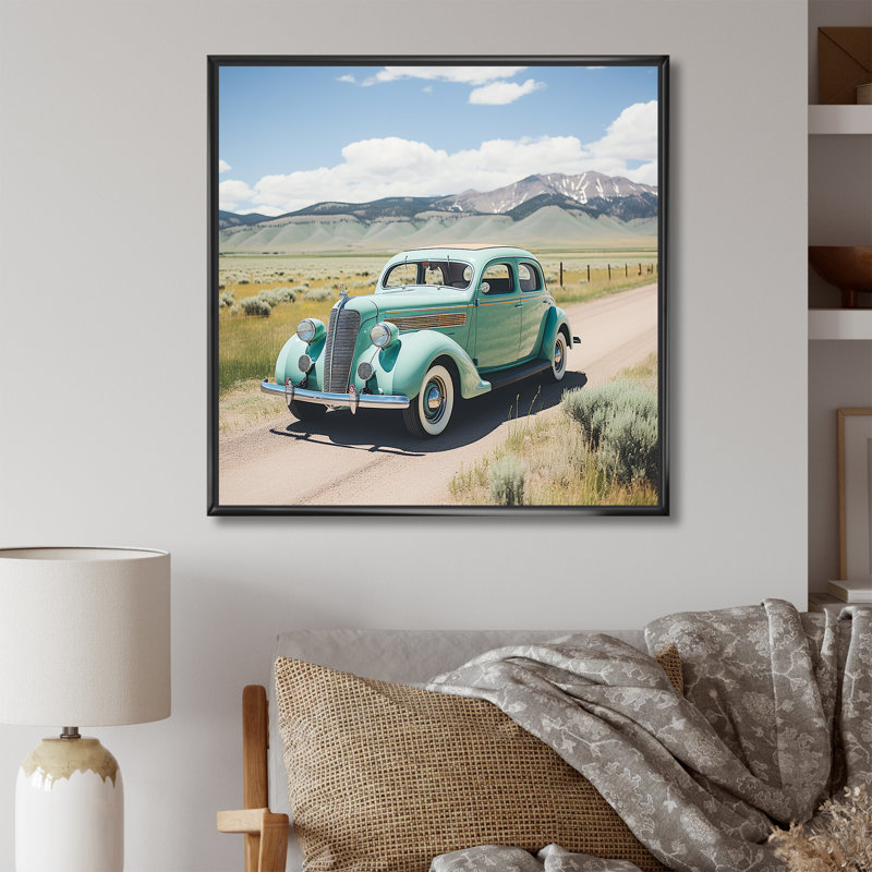 Voiture américaine verte rétro aux États-Unis - art mural transport, Cadre photo blanc, H 36 po x l 36 po