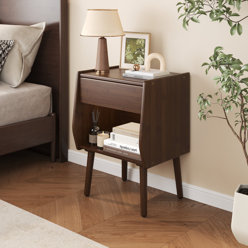 Nightstand With Drawer And Open Compartment, Solid Wood Legs, Dark Brown