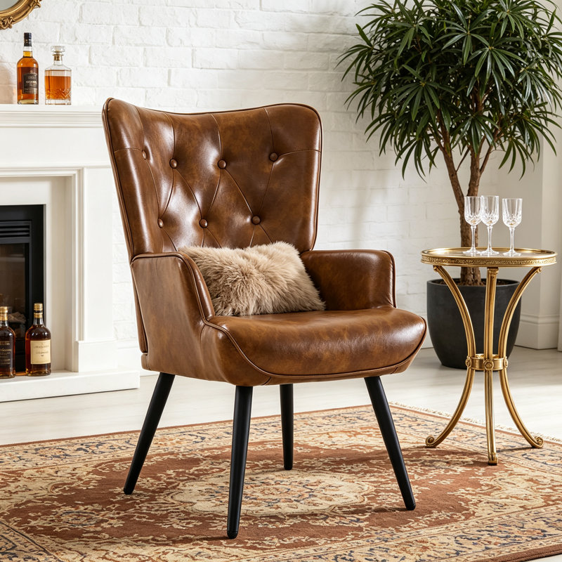 Fauteuil à oreilles en similicuir Nalupatio, fauteuil capitonné capitonné en cuir PU, fauteuil à oreilles avec lecture, fauteuil d'appoint pour salon, brun
