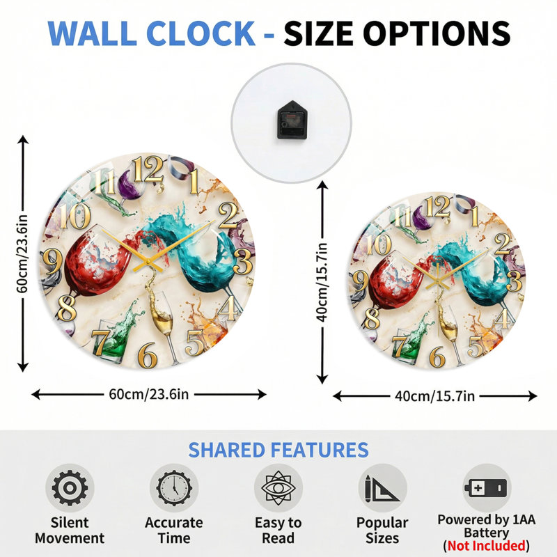 Horloge murale en verre, 60 x 60 cm (23,6 x 23,6 pouces)
