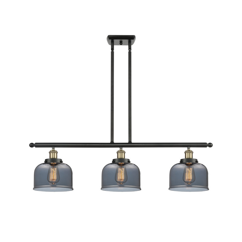 Cloche - 3 lumières d'îlot de 36 po - abat-jour de 8 po, Laiton antique noir, Ampoule non incluse, Plaqué couleur fumée