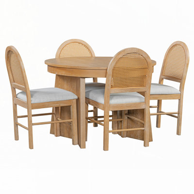 TREXM 5-Piece Round Dining Table Set for 4, Retro Extendable dining table set with 4 Upholstered Chairs, Kitchen Table and Chairs Set for Dining Room and Kitchen (Natural Wood Wash)
