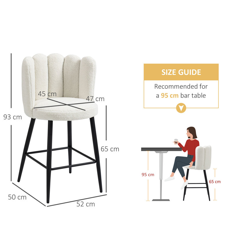 HOMCOM Bar Stools Set of 2 Modern Boucle Shell Barstools Steel Base Cream