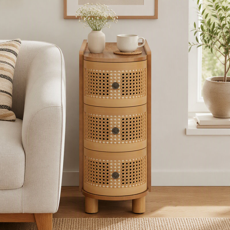 Table de bout en bois, table de chevet à 3 tiroirs avec 3 tiroirs en rotin, sans assemblage