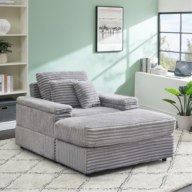 Izeyah 44"W Corduroy Chaise Lounge Sofa Chair with Ottoman for Living Room, Bedroom, Office, Gray