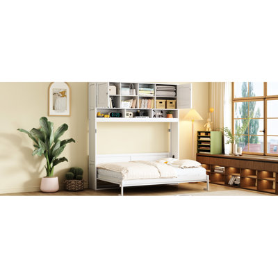 Grand lit blanc avec rayures, fixé au mur pour optimiser l’espace dans la pièce, pouvant accueillir 6 matelas de 8 pouces, avec rangement spacieux, levage hydraulique en douceur, capacité de 600 lb