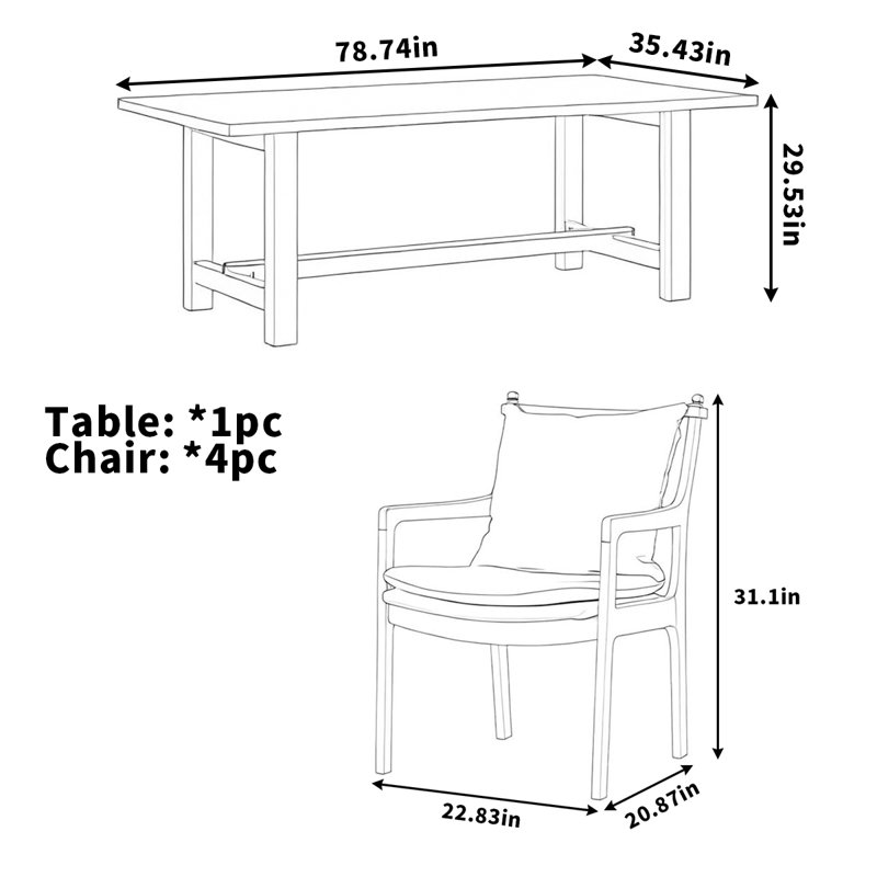 Table de salle à manger en bois massif et bois de cerisier, H 29,53 po x L 78,74 po x l 35,43 po