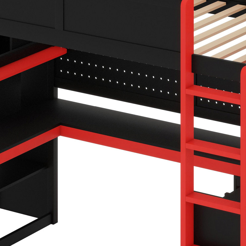 Featuring Storage Stairs, Study Desk, Organizing Shelves & Pegboard, Black/Red
