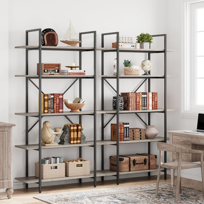 Bookshelf, 5 Tier Shelf Bookcase, Tall Bookshelf with Storage, Grey