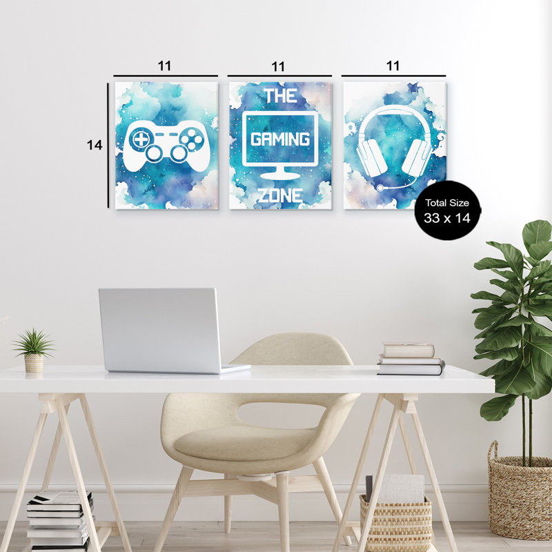 Ensemble de 3 toiles Blue Gamer Splatters, design par Marcus Prime, H 14 po x l 11 po