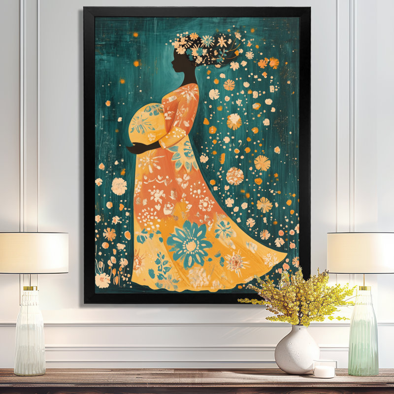 Mère joyeuse aux couleurs à motifs I - Tableau encadré naïf, H 32 po x l 24 po, Black Picture Framed
