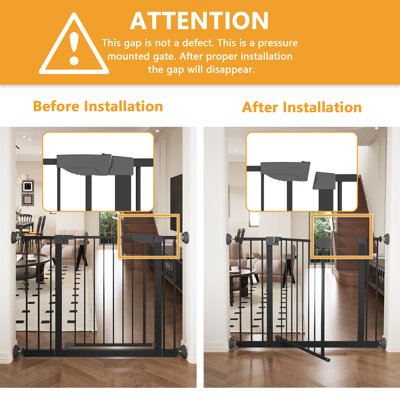 29.5-45.3" Baby Gate with Wall Protector for Stairs & Doorways, No Drilling Pressure Mounted Dog Gate Indoor, Black Steel Safety Gate with Double Lock & 23.6" Walk-Through Door for Kids and Pets