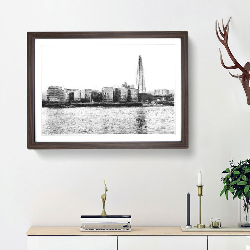 The Shard and London Skyline - Picture Frame Painting Print, 24cm H x 33cm W x 2cm D, Walnut Framed