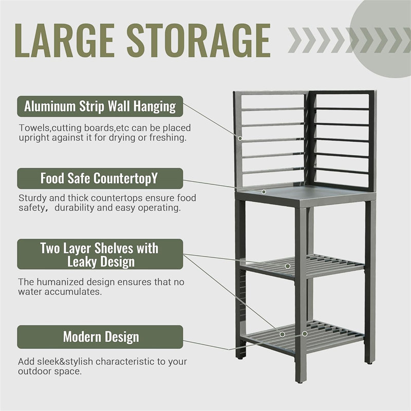 Outdoor Kitchen Island, Aluminum Kitchen Storage Island Outdoor Prep Table with Double Storage Rack