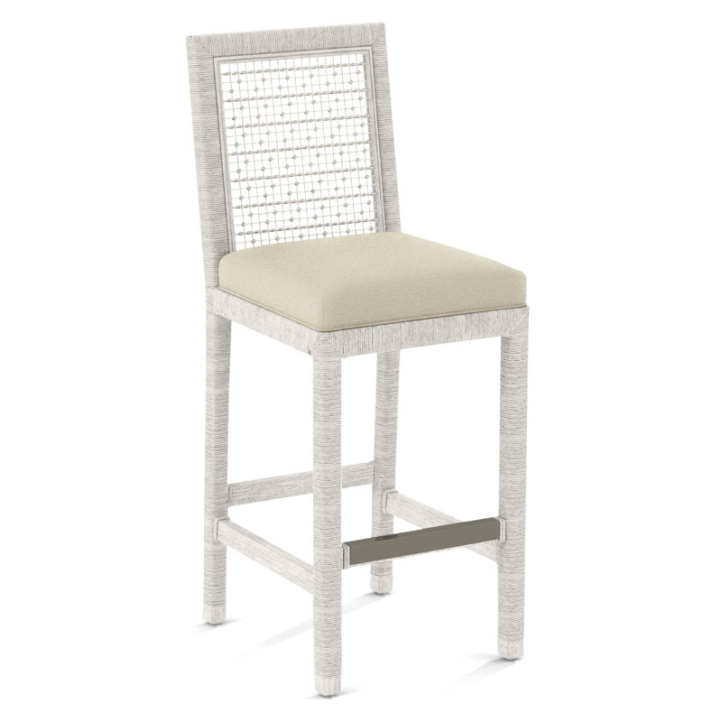 Pine Isle Bar Stool, Sunbrella Beige Pinstripe; 6205-74, Antique Frost White