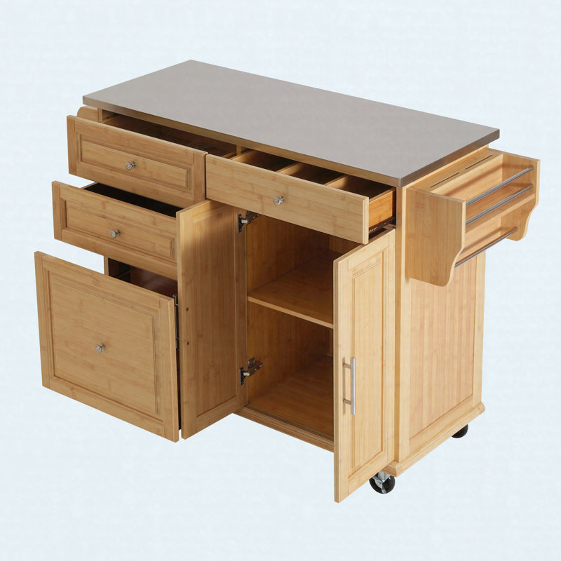 Îlot de cuisine intérieur en bambou avec plateau en acier inoxydable - Chariot mobile avec tiroirs, armoire et porte-serviettes pour la salle à manger et le bar