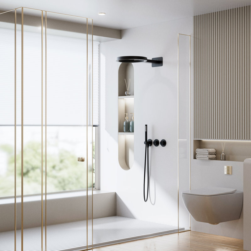 Dual-Function Rainfall And Waterfall Shower System With Handheld Shower, Dual-Handwheel Temperature And Diverter Controls