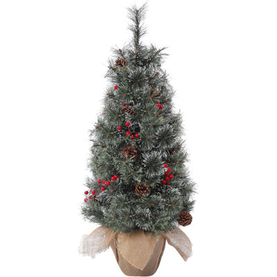 Petit sapin de Noël enneigé 3 pi avec mini-arbre de Noël avec 78 lumières à DEL et base de pommes de pin et baies rouges, décorations de Noël pour foyer, dessus de table, décoration intérieure