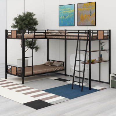 Lits superposés en L en MDF d'angle en métal avec lit mezzanine et bureau sous le lit à 3 lits