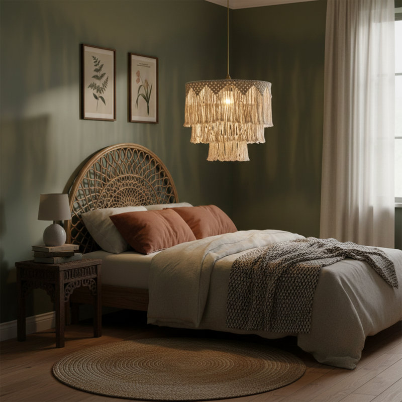 Lustre empire unique à 1 lumière avec abat-jour en macramé Elara