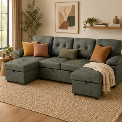 ModuHaven 112" Convertible U-Shaped Sectional Sofa Bed, Pull-Out Sleeper with Dual Storage Chaises, Plush Padded Armrests & Tufted Back, Mid-Century Modern Couch for Living Room